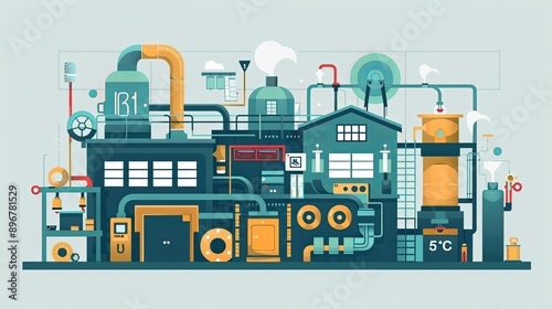 illustration of a modern industrial factory featuring complex machinery, pipes, and various industrial equipment. Vector style.