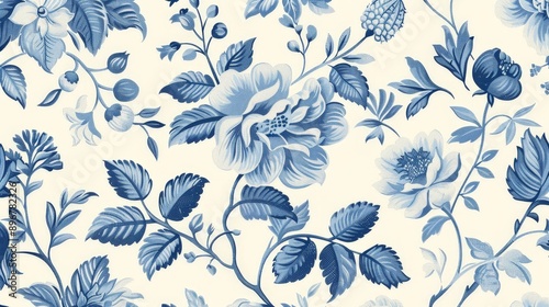 Blue and White Floral Pattern, Vintage Textile, Hand-Drawn, Repeat Design, Floral Background, Wallpaper, Fabric