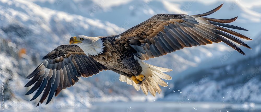 Soaring eagle over a wintry ocean landscape at sunset, Sea eagle are large raptors that live in the Arctic, wild animal life Soaring eagle over a wintry ocean landscape at sunset, Sea eagle are large raptors that live in the Arctic, wild animal life