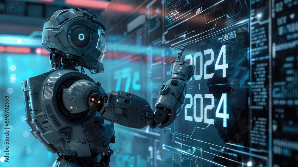 A metallic robot with a glowing blue eye interacts with a futuristic interface displaying the year 224 A metallic robot with a glowing blue eye interacts with a futuristic interface displaying the year 224