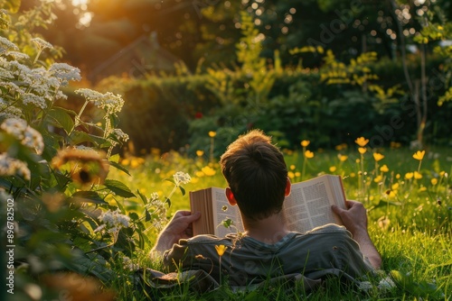 Concept of Nature Boosts Mental Health, A person is lying down reading a book on the grass in a park, Generative AI