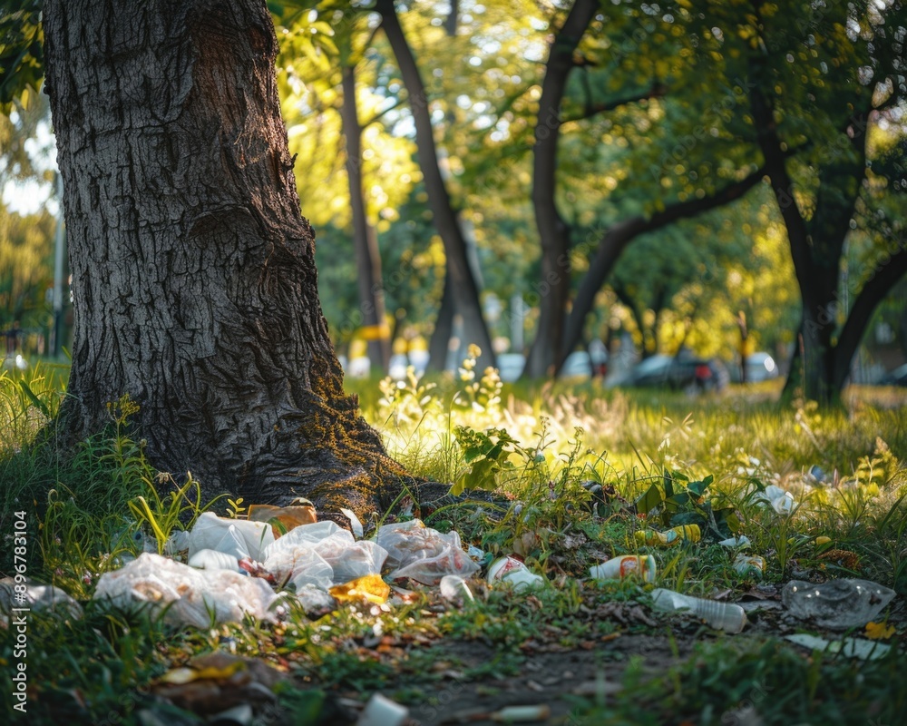 Environmental Awareness: Close-up of Tree in Park Surrounded by Garbage Bags, Advocating for Improved Waste Management | Shot with Canon 5D III Environmental Awareness: Close-up of Tree in Park Surrounded by Garbage Bags, Advocating for Improved Waste Management | Shot with Canon 5D III