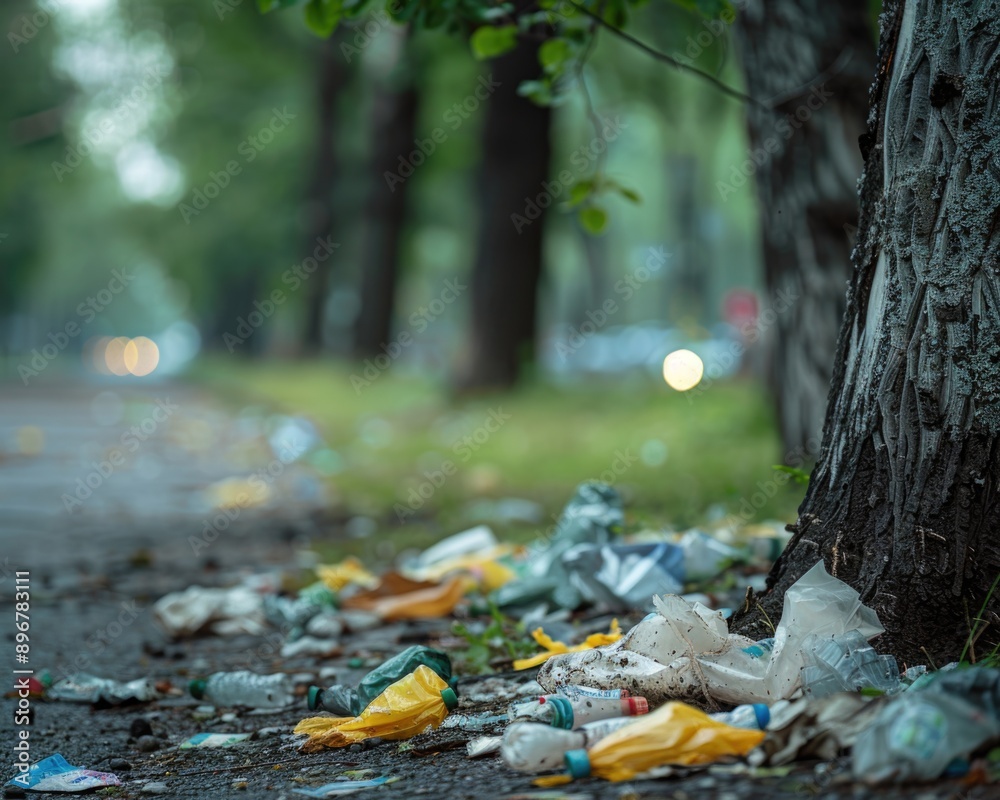 Environmental Concerns - Close-up of Tree in Park Surrounded by Garbage Bags, Canon 5D III Shot Emphasizing Waste Management Issues Environmental Concerns - Close-up of Tree in Park Surrounded by Garbage Bags, Canon 5D III Shot Emphasizing Waste Management Issues