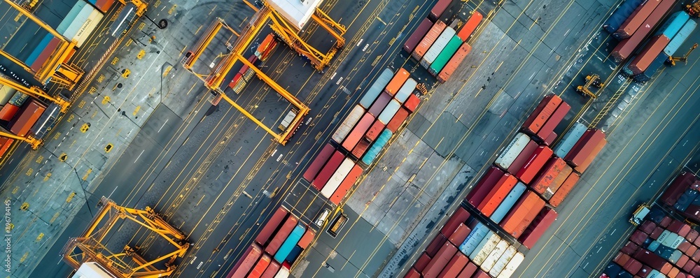 Aerial view of a busy cargo terminal, freight operations, logistical coordination, transportation, cargo terminal Aerial view of a busy cargo terminal, freight operations, logistical coordination, transportation, cargo terminal
