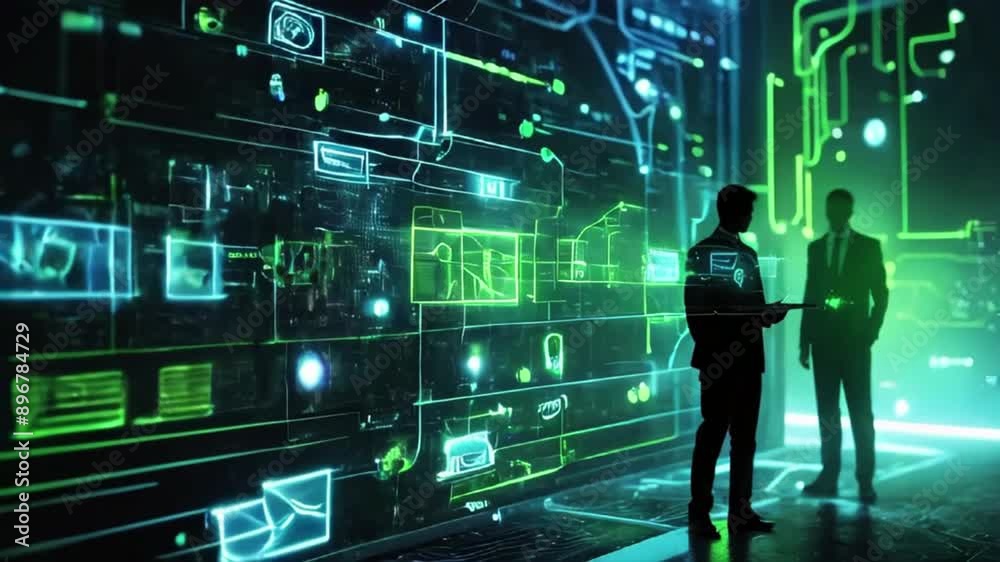 social media management representation featuring a futuristic, technology-themed layout. The left side of the image is dominated by a complex network of neon blue and green lines and icons