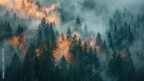 Pine trees standing tall in a green forest, where a wildfire burns intensely, sending fog and smoke into the sky, obscuring the mountains.