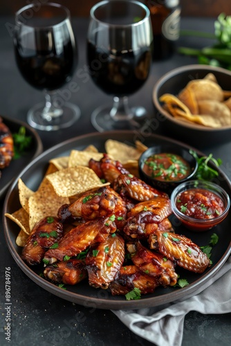 Juicy chicken wings paired with nacho chips, seasoned to perfection, offering a delightful dish for sharing at any meal, especially with friends and family. photo