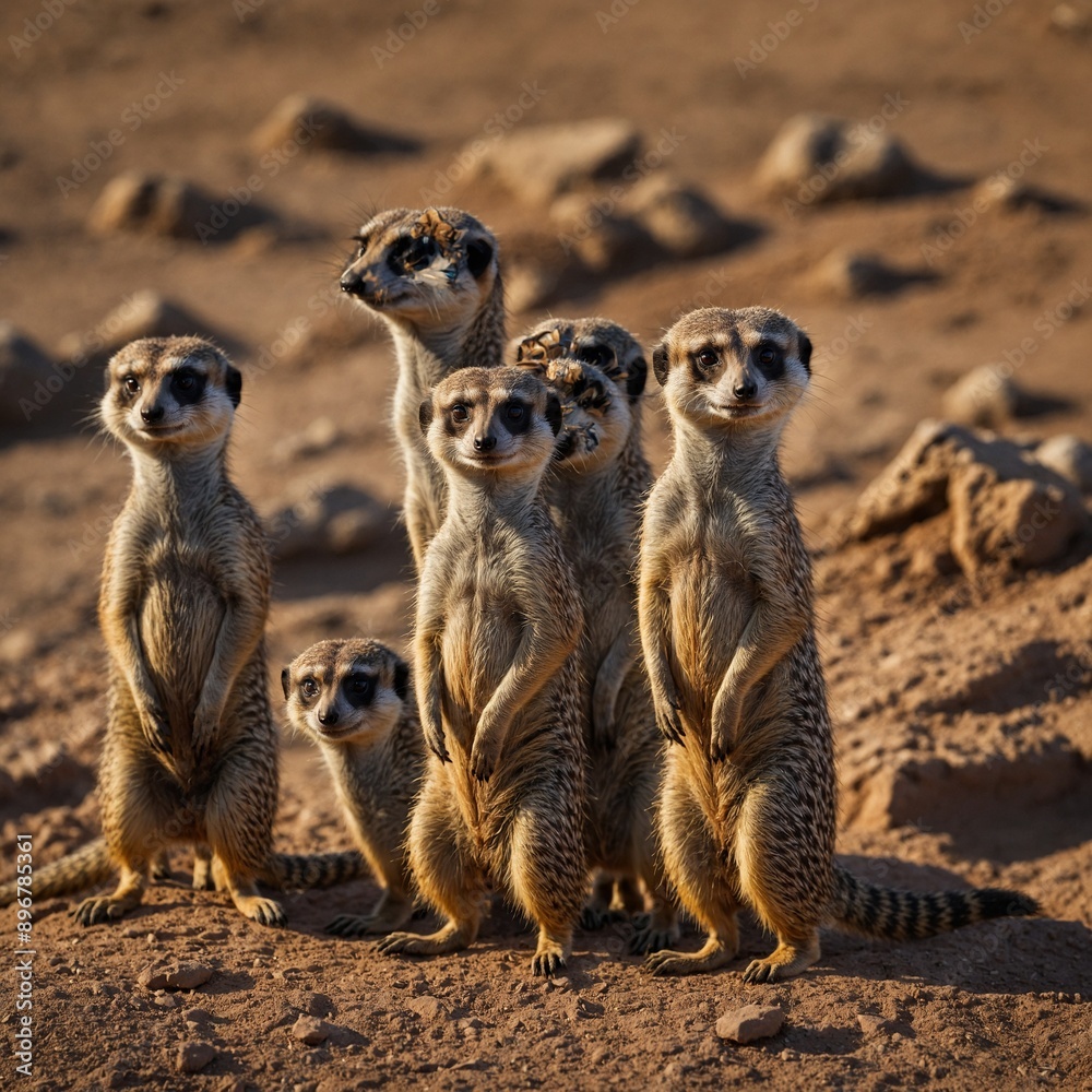 A family of meerkats standing guard outside their burrow. A family of meerkats standing guard outside their burrow.