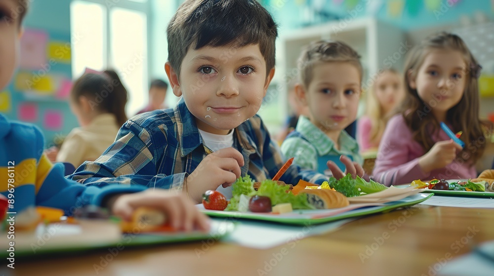 Young boy eating a snack with classmates in the background.
