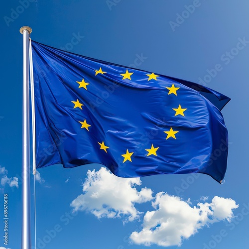 The European flag features a solid blue field with twelve gold stars in a circle, symbolizing unity against a blue sky backdrop. photo