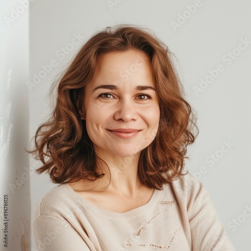 woman in her mid-thirties exudes confidence and joy, showcasing her elegant, mature look with subtle wrinkles. photo