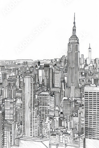 Intricate Cityscape rendered in ballpoint pen, featuring sharp lines and fine details on a clean white background for a striking visual effect.