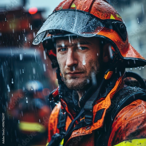 A firefighter bravely tackles a blaze in the pouring rain, showing dedication and resilience while working in challenging weather conditions to save lives. photo