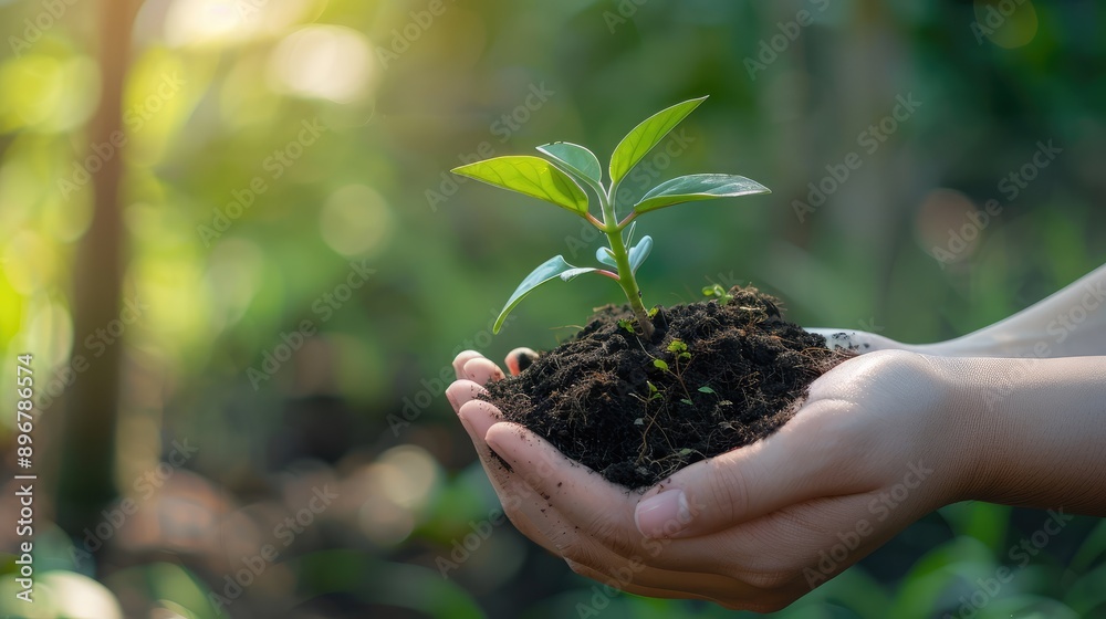 A delicate green sprout emerges from the soil cradled gently in cupped hands bathed in warm sunlight A delicate green sprout emerges from the soil cradled gently in cupped hands bathed in warm sunlight