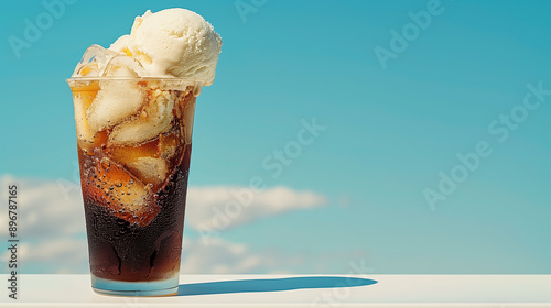 A drink topped with ice cream and blue sky