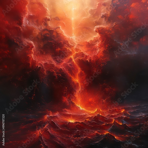 blazing hell fire with vivid red and orange tones, emitting a powerful glow and explosive energy amidst swirling smoke and intense heat