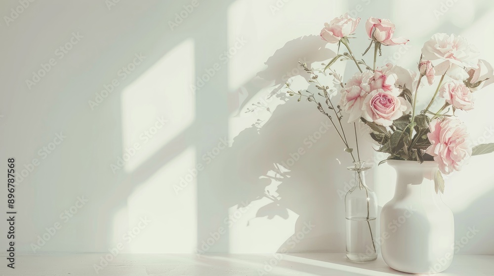 Fototapeta premium Modern romantic home interior with pink flowers in bottles on white table with space for text