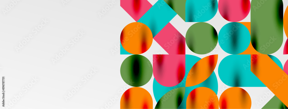 Mosaic geometric elements. Colorful circles, round geometric shapes and lines with shadow 3d effects. Simple forms abstract background for wallpaper, banner, template or landing Mosaic geometric elements. Colorful circles, round geometric shapes and lines with shadow 3d effects. Simple forms abstract background for wallpaper, banner, template or landing