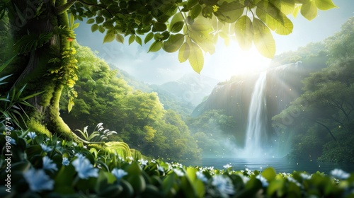 Majestic forest waterfall A cascading waterfall surrounded by lush greenery and vibrant wildflowers, with sunlight filtering through the canopy.