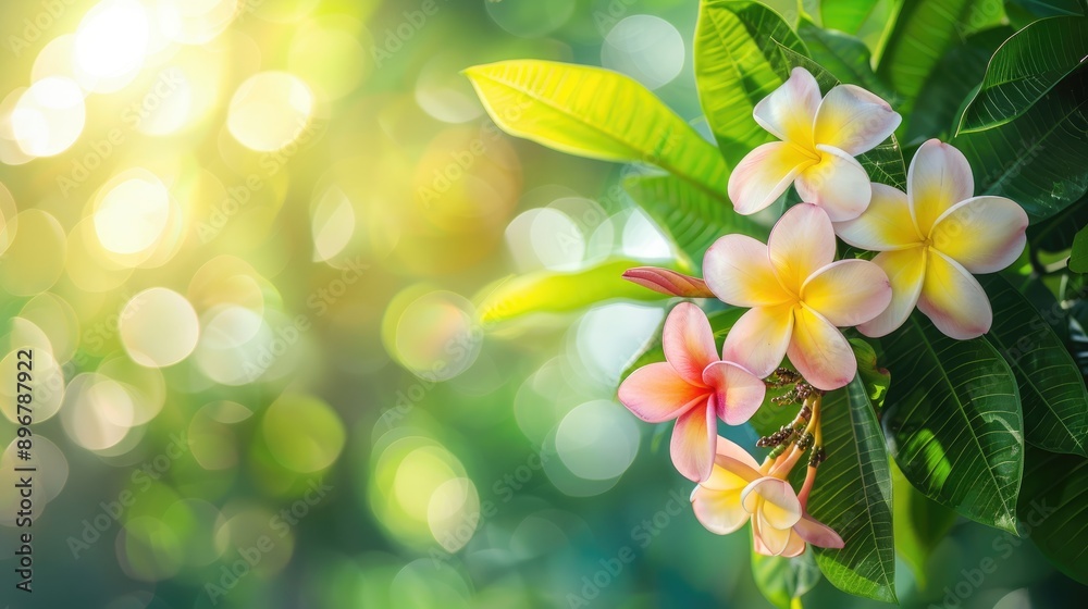 Selective Focus Plumeria Flower Bunch on Tree with Leaves and Copy Space