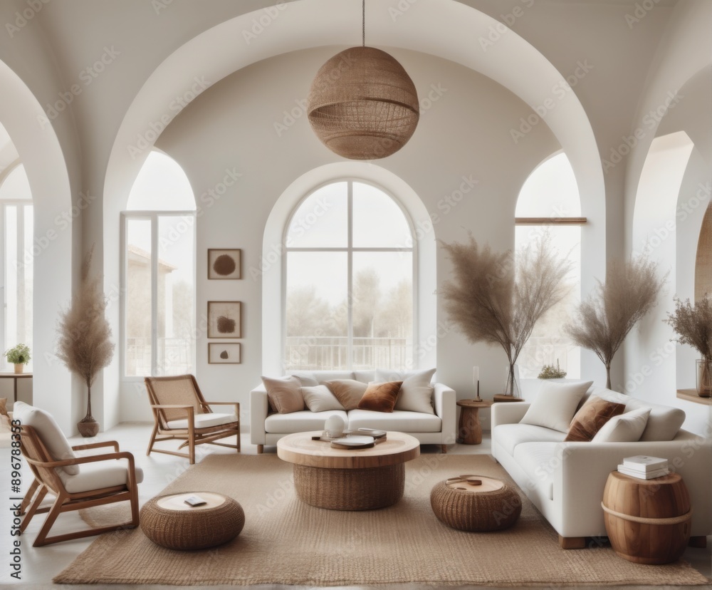 The image shows modern living room high ceiling arched windows w The image shows modern living room high ceiling arched windows w