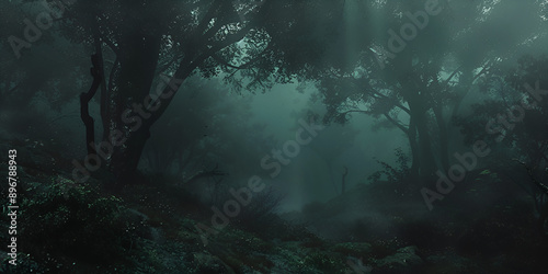  Hauntingly dark Forest with fogy background ,A haunting scene of a foggy forest, where the darkness adds an element of mystery and intrigue. © Faiza