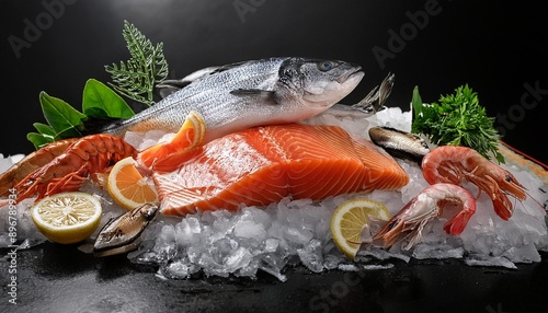 A variety of fresh fish and seafood on ice, including salmon fillets, shrimp, micheal open sea breams, whitebait sardines and snapper with green leaves, against a pure background. photo