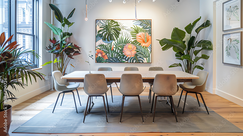 A modern meeting room featuring botanical decor, large windows, natural light, and stylish furniture, creating a refreshing and inviting space. A modern meeting room featuring botanical decor, large windows, natural light, and stylish furniture, creating a refreshing and inviting space.