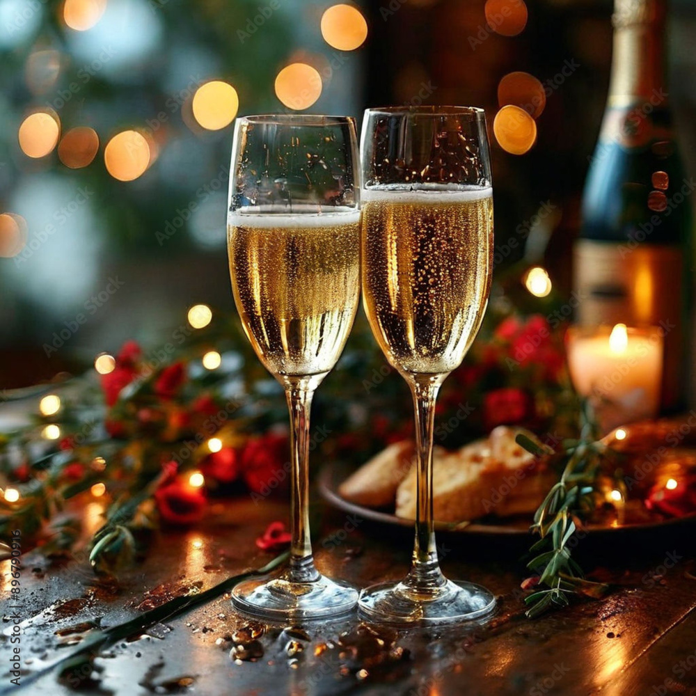 glasses of champagne with christmas lights glasses of champagne with christmas lights
