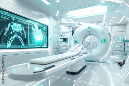 A medical room featuring a large TV monitor, styled like a futuristic spacecraft, designed for advanced medical imaging and technology.