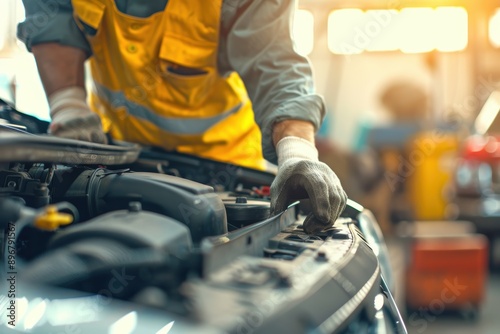 Auto mechanic wearing protective gloves repairing car engine in garage