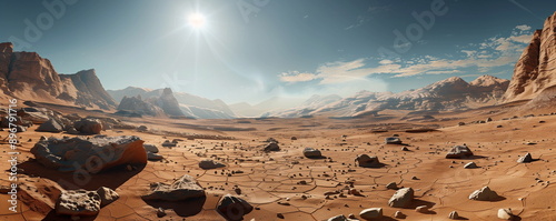 A desolate and vast landscape of the red planet Mars, with dry land, huge rocks, and distant mountain ranges under intense sunlight. Science, space, exploration, alien, planetary concept. photo