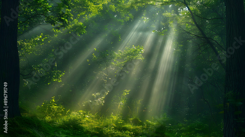 森林の光のカーテンを通して: 神秘的な森の朝 © dadakko