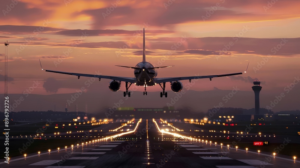 Airplane Landing on Runway at Dusk