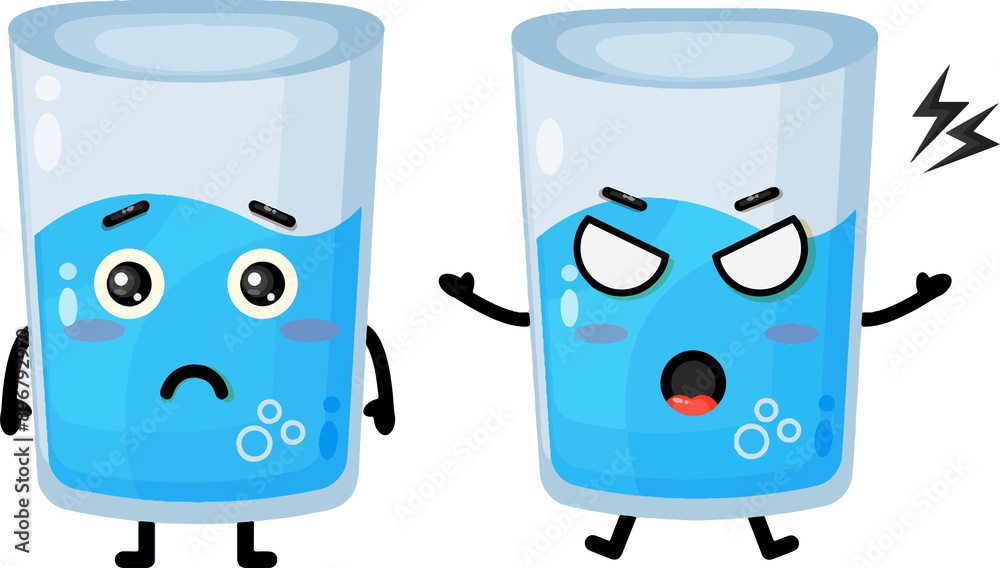 Fototapeta premium Cute Cartoon Glass Characters with Blue Water Showing Sad and Pain Emotions