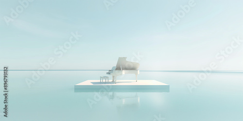 a white grand piano stands in the center of a serene lakeside, with a light blue sky