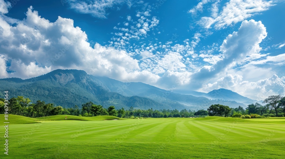 Obraz premium Green Golf Course with Mountain Landscape