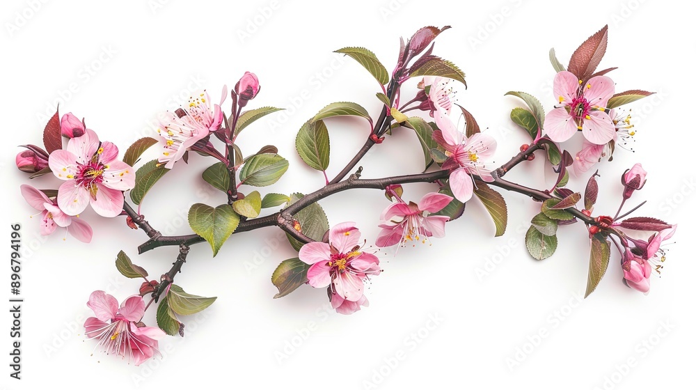 Fresh prunus blooms and leaves against a white backdrop, representing the beauty of spring with their vibrant colors Fresh prunus blooms and leaves against a white backdrop, representing the beauty of spring with their vibrant colors