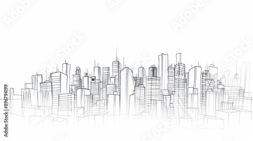 A simple pencil sketch of a city skyline, featuring tall buildings and architectural details, drawn in a doodle-like style on a white background.