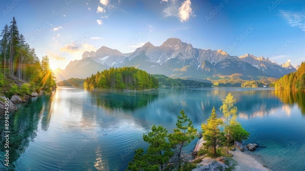 Obraz premium Sunrise Over Tranquil Mountain Lake