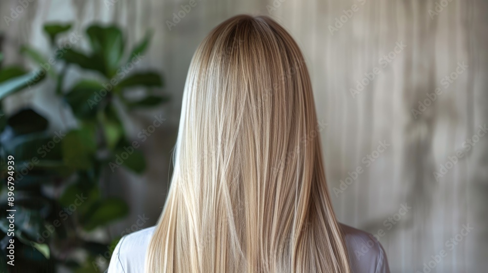 Naklejka premium Healthy, straight blonde hair of a woman seen from behind, showcasing the results of meticulous hair care and straightening