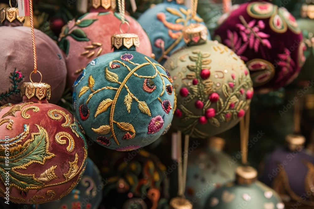 Group of elegant velvet ornaments hanging from the branches of a tree in a festive display, Elegant velvet ornaments adorned with embroidered patterns Group of elegant velvet ornaments hanging from the branches of a tree in a festive display, Elegant velvet ornaments adorned with embroidered patterns