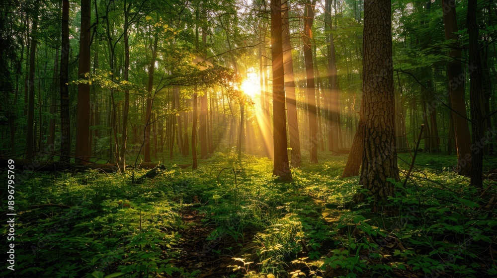 Obraz premium Sun rays illuminating the forest, showcasing terrestrial plants and shades of wood. Serene natural landscape with trunks and twigs