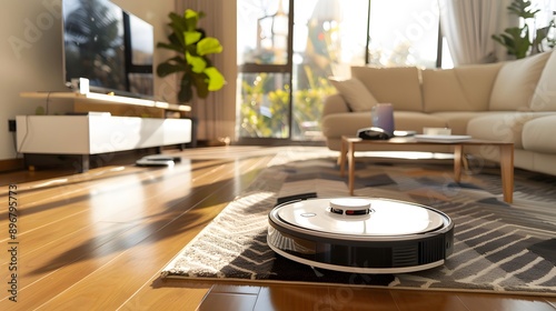 Home Cleaning Robot: A compact robot vacuum cleaning a modern living room, efficiently navigating around furniture. 