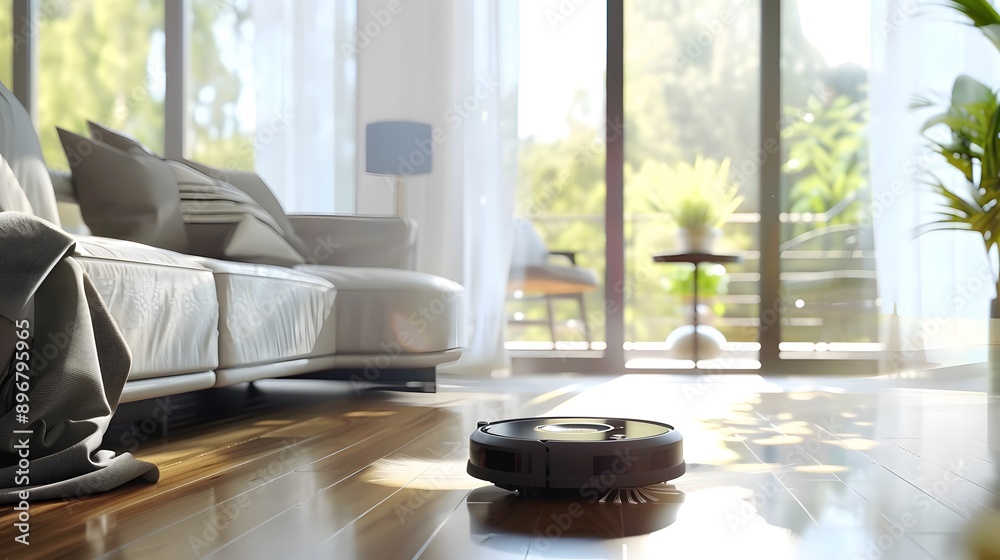 Home Cleaning Robot: A compact robot vacuum cleaning a modern living room, efficiently navigating around furniture.
