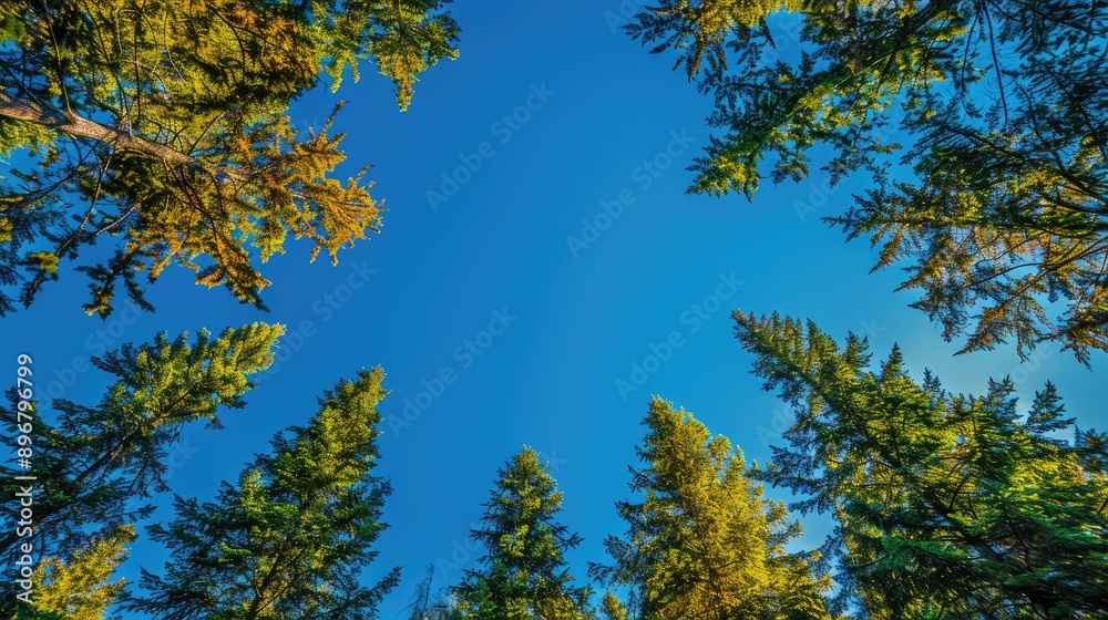 Obraz premium Vibrant treetops reaching towards a clear blue sky, showcasing the beauty of nature and a serene outdoor scene