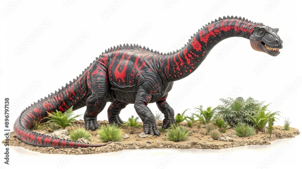 Fototapeta premium Model of a black and red sauropod dinosaur standing on a rocky terrain with plants and grass in the background.