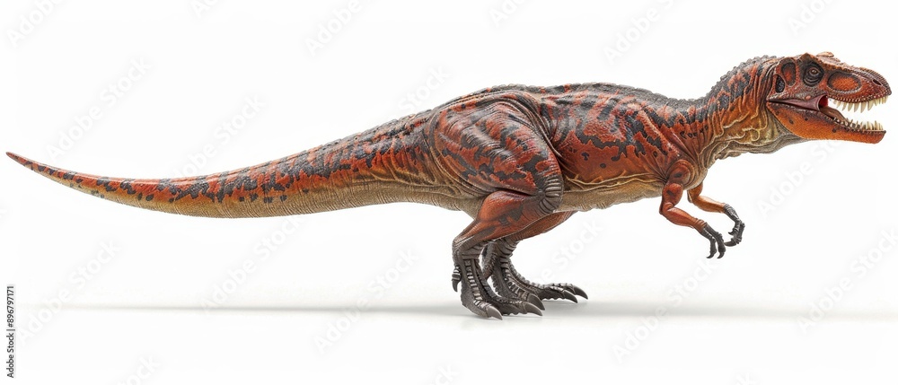 Realistic dinosaur model of a Tyrannosaurus Rex in full profile on a white background, showcasing detailed textures and anatomy. Realistic dinosaur model of a Tyrannosaurus Rex in full profile on a white background, showcasing detailed textures and anatomy.