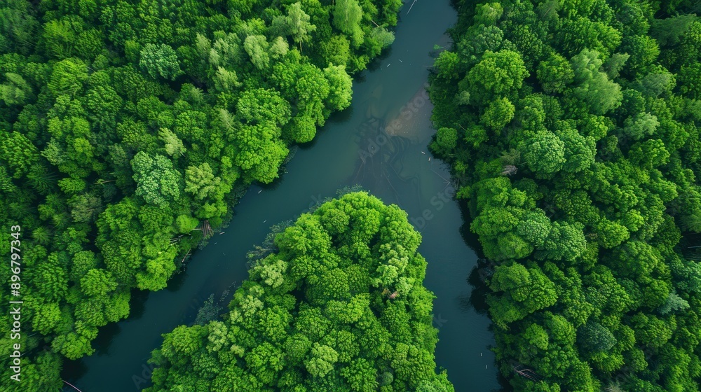 Aerial View of a River Winding Through Lush Green Forest Aerial View of a River Winding Through Lush Green Forest