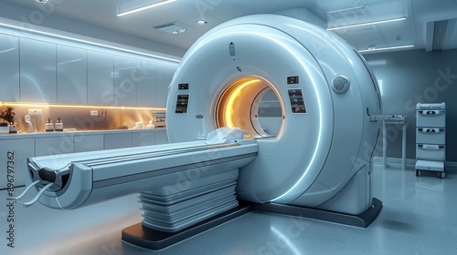 An advanced MRI machine bathed in soft cinematic light, highlighting its intricate details and cutting-edge design in a sleek, modern medical environment.